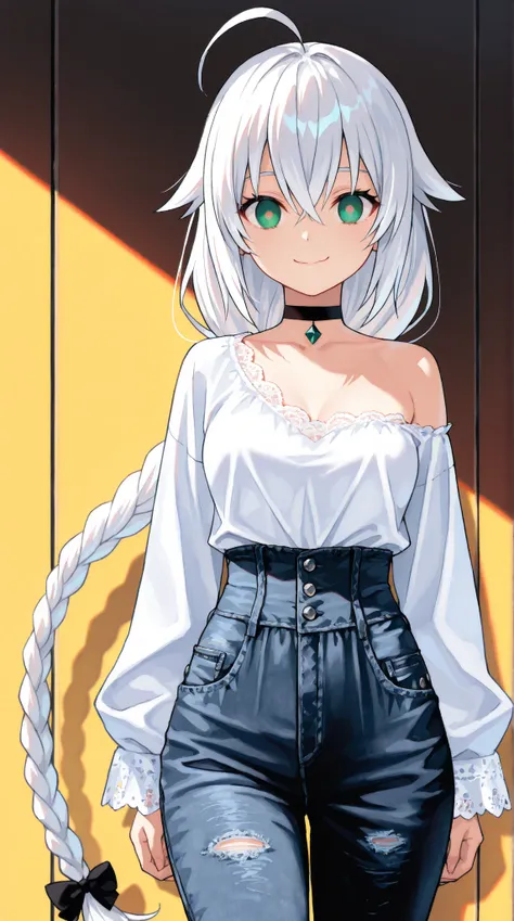 (high quality, ultra-detailed), female, white hair with few red highlights strands, single long braid starts below the neck and all the way down the end of the back knee, solo, emerald eye color both empty eyes, anatomically correct, smiling softly, medium...