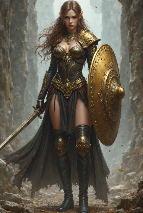 Elf woman.  brown long hair. In warrior dress with black thigh high boots and gold shield 