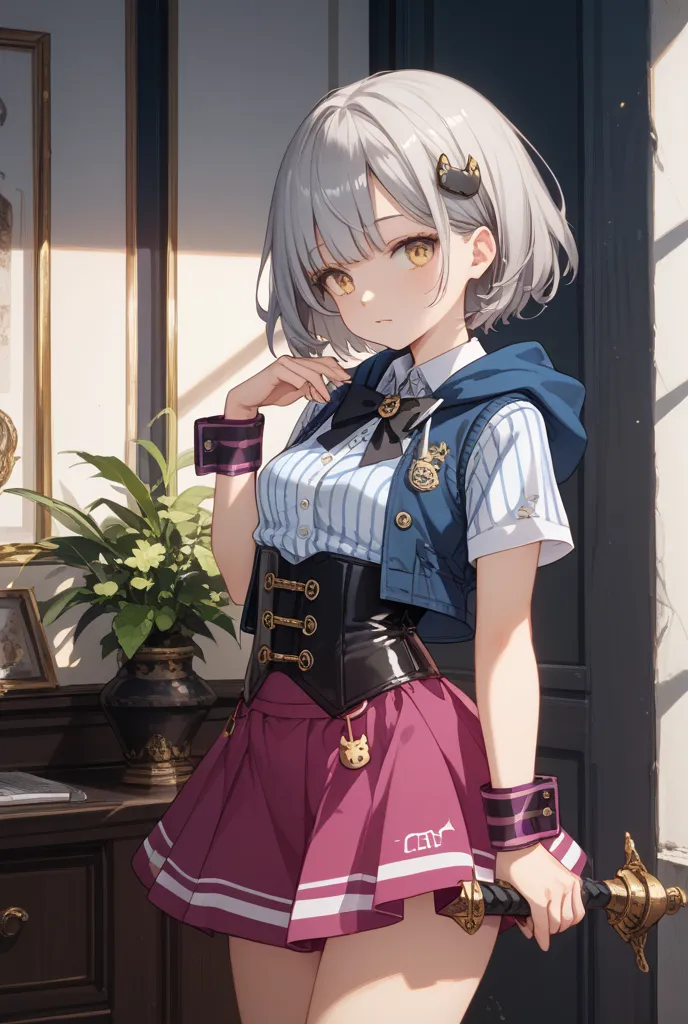  girls on the left, Gray-haired, short hair, Wore a blue hoodie hoodie holding a yellow eyed ,  small breasts, Cat hair ornament, side lock, Gray-haired,  shiny hair, uniform, (  golden eyes : 1.2), (skirt has 2 long triangular extensions, abdominal vest c...