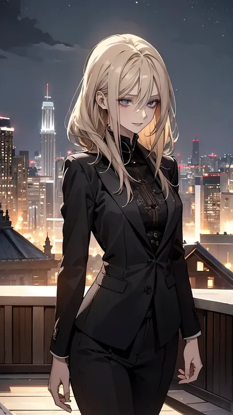 (best quality,high resolution,ultra-detailed),1girl, beautiful detailed eyes,beige hair, straight medium hair, wearing a black suit, mature woman, 29 years old, calm and composed, slender figure, pale complexion, thin, serene,stargazing on roof top,subdued...