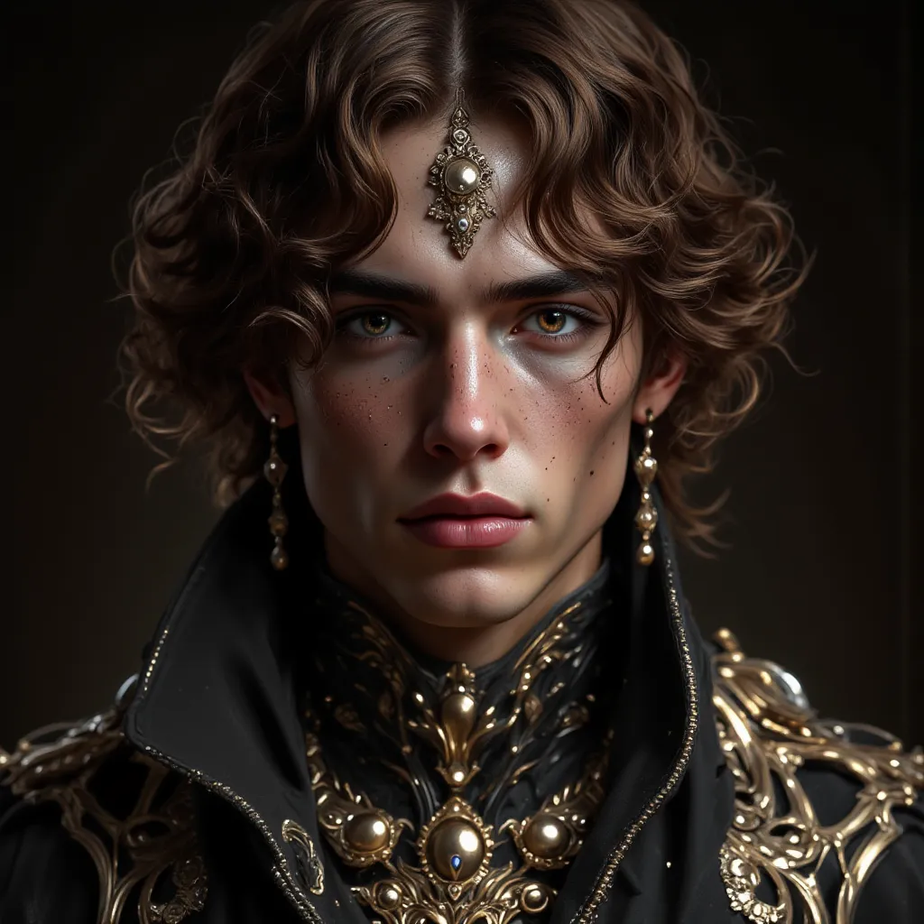 a young man with wavy brown hair, beautiful detailed eyes, beautiful detailed lips, extremely detailed face and skin, long eyelashes, intricate jewelry, ornate clothing, intricate embroidery, dramatic lighting, cinematic composition, dark fantasy, high fan...