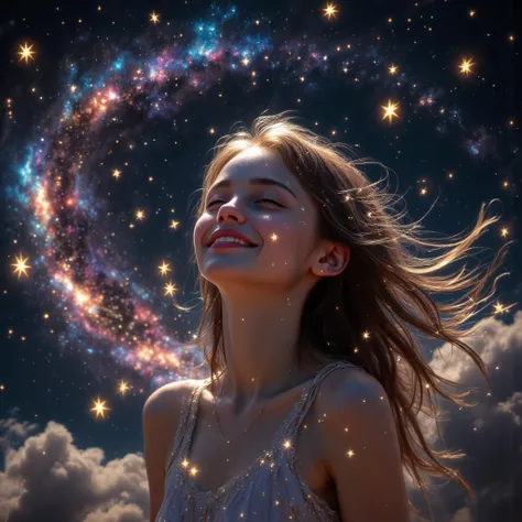 high detail, Super Detail, Ultra High Definition,  A girl having a great time in the galaxy of her dreams , Surrounded by stars, The warm light that shines on her,  The background is a starry sky with colorful galaxies and galactic clouds, The flying stars...