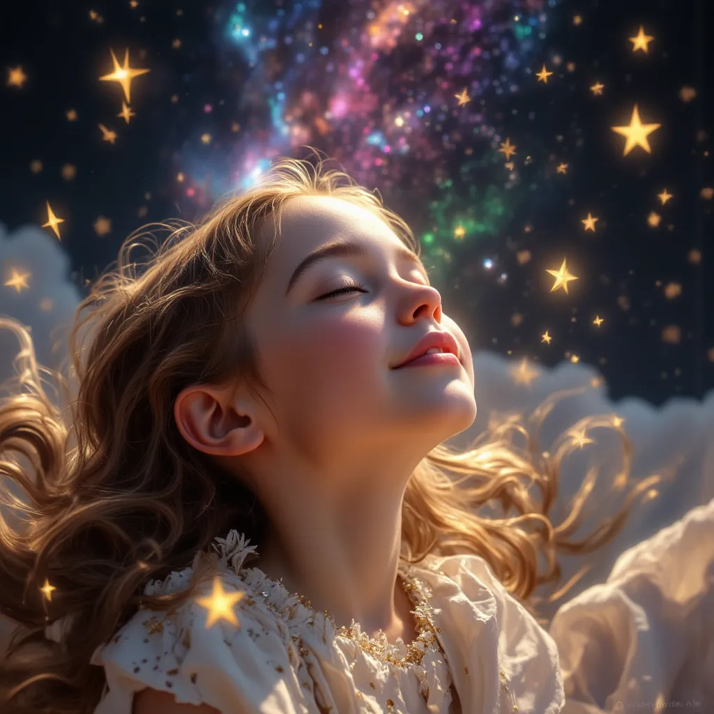 a young girl enjoying a dreamlike time in a galaxy, surrounded by stars, with warm light shining down on her, the background featuring a colorful galaxy and starry sky, flying stars around her, delicate facial features, an air of playfulness