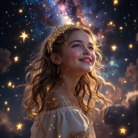 a young girl enjoying a dreamlike time in a galaxy, surrounded by stars, with warm light shining down on her, the background featuring a colorful galaxy and starry sky, flying stars around her, delicate facial features, an air of playfulness