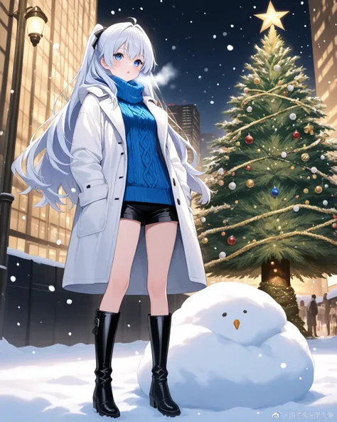  in the city at night、Beautiful girl standing in front of a big Christmas tree、blue knit with black shorts、 black long boots、 white down coat、 it's snowing、Snow piles up by the roadside、Breath becomes white