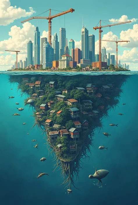 An upside-down-themed poster. The top half showcases a modern city with tall skyscrapers, cranes, and construction sites, symbolizing the land reclamation project. The bottom half, inverted, shows submerged communities with slums or poor houses, people str...