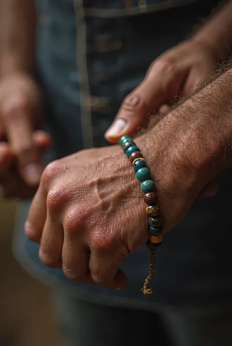 Une belle main d un homme entrain de mettre un bracelet en perle semi precieuse 
