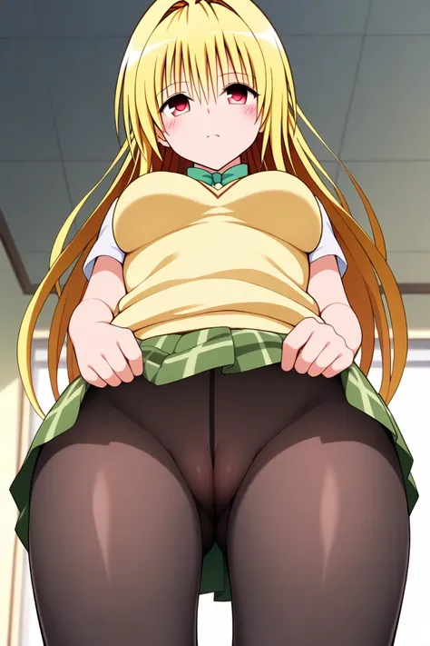   1 girl, One,   long hair,    closed mouth,  IN SCHOOL UNIFORM, green skirt, yellow sleeveless sweater,  white killer under a sweater, green bow tie,  Black stockings,  opens her eyes ,   embarrassment face, indignation , redness ,  raising their skirt wi...