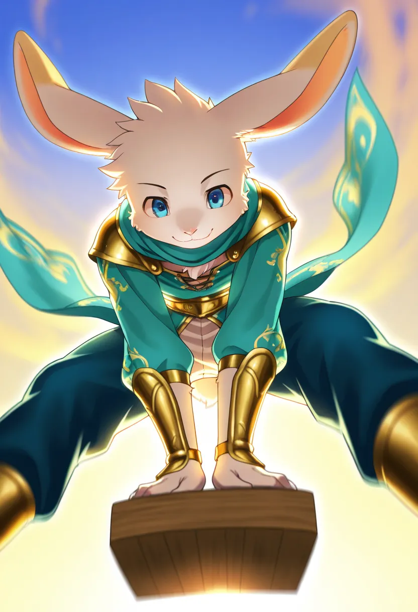 1boy, (furry, kemono:1.4), rabbit boy, animal nose, rabbit ears, blue eyes, bright smile, dynamic pose, low-angle shot, mid-air, arms forward, fantasy outfit, green and gold, vivid sky, wooden platform, soft shading, detailed lighting, motion blur