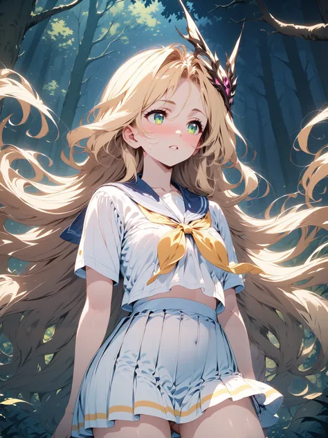 Sailor suit summer uniform, blonde semi-long hair, My hair flutters a little in the wind, Green-eyed girl, Alone, The background is in the dense forest at night,  alert , miniskirt,  knee shot, corruption,  Shade, (NSFW:0.7),