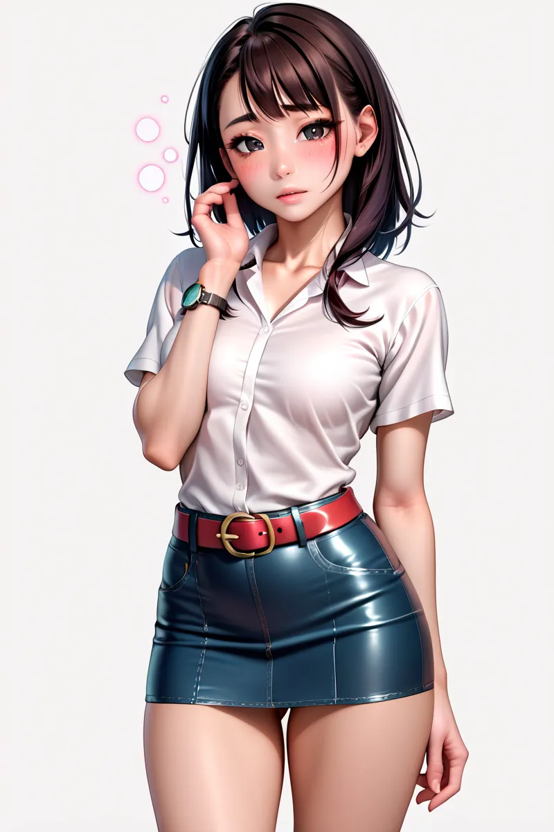  Beautiful Japanese High School Girls,( 1girl ),( slender body:1.0),( small tits:1.0),( White Collared Short Sleeve Shirt :1.2),( Black Super Mini Skirt:1.2),(belt:1.5),real skin ,small breasts, black hair, Super Detailed Black Eyes,( beautiful face),( sta...