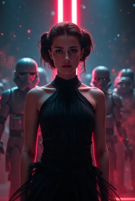 a close up of a woman in a black dress standing in front of a group of Star Wars characters,  Germ of Art julie bell beeple, Wojtek FUS, karol behind uhd, inspired by Marek Okon , chris moore.  Germ of Art,  cybernetic goddess in the cosmos , Princess Leia...