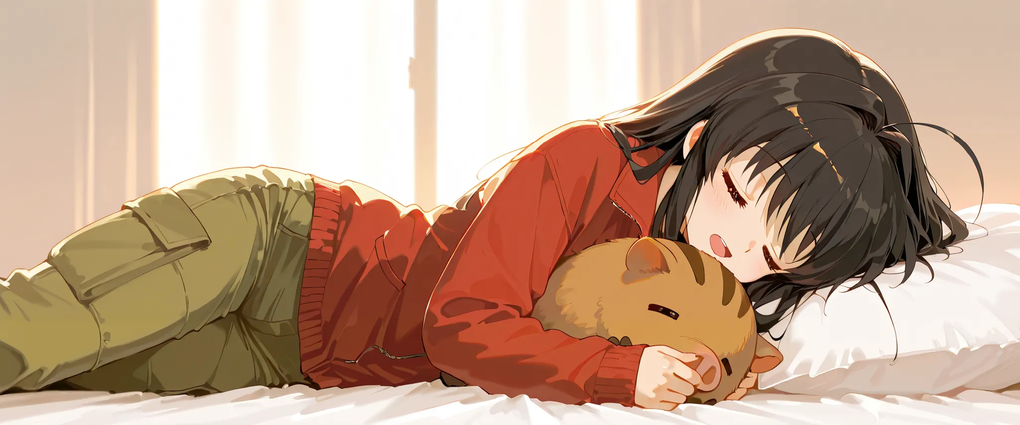 best quality, high detailed, red jacket, black long hair,  blush, closed eyes, happy, weaving mouth, cargo pants, (sleeping), bed, from side, holding Stuffed boar, two ahoge, CLANNAD, (1980s),