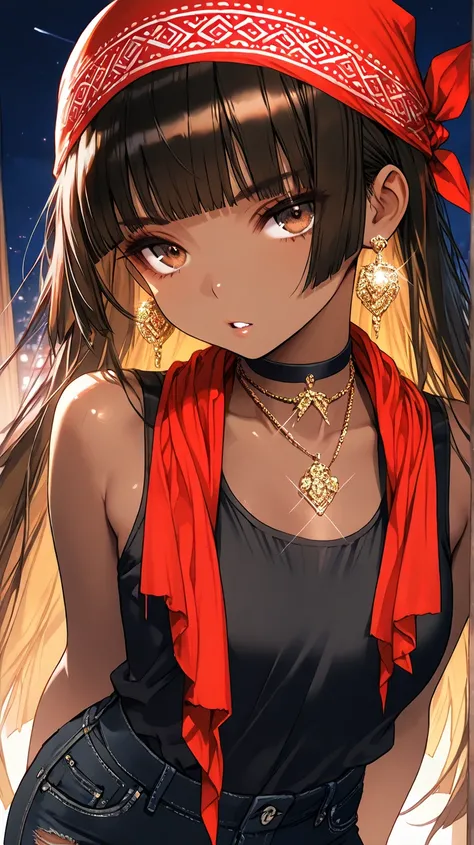 1Girl, Mature, Ebony, African American, Dark Brown Skin, Blonde Hime Cut, Shiny Hair, Sidelocks, Hime Cut, Bright Brown Eyes, Dark Brown Eye Shadow, Medium Chest, Black Tank-Top, Red Bandana Wrapped Around Neck, Black Ripped Jeans, Black Choker, Looking At...