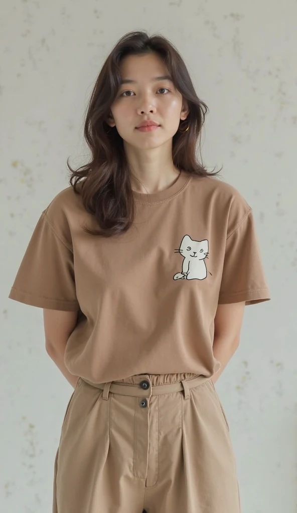 Headshot of a Japanese woman wearing a brown t-shirt with a cute pattern and chinos standing facing the front and stretching her chest with her hands behind her backフェラチオ
