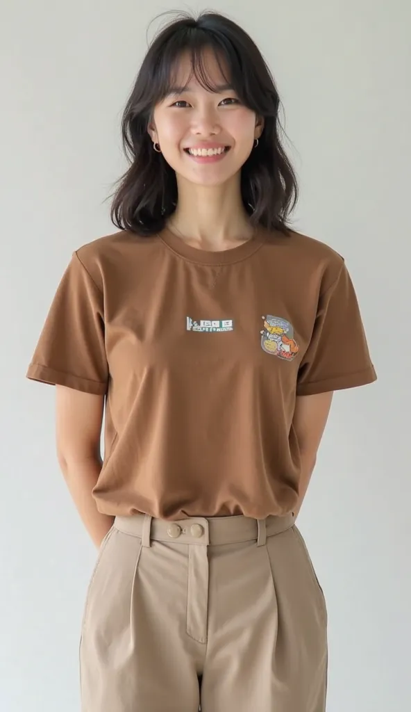 Headshot of a Japanese woman wearing a brown t-shirt with a cute pattern and chinos standing facing the front and stretching her chest with her hands behind her backフェラチオ
