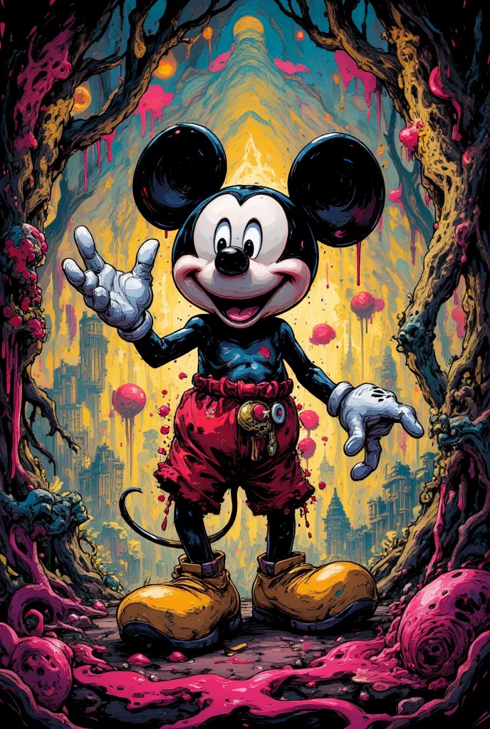 anthropomorphic horror mickey mouse waving,Hallucinatory Art , dmt Death of Ego , Psychedelic Horror , Highly Detailed Fantastic Art , DMT Egodes ,Shamanic Fear  、LSD art,  Poison and Disney Mix ,Gross