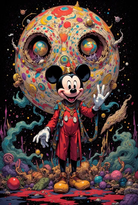 anthropomorphic horror mickey mouse waving,Hallucinatory Art , dmt Death of Ego , Psychedelic Horror , Highly Detailed Fantastic Art , DMT Egodes ,Shamanic Fear  、LSD art,  Poison and Disney Mix ,Gross