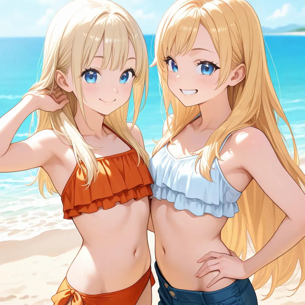 2 people, smiling cheerful mother with very long down loose blonde hair down to her hips and blue eyes, and her young adult daughter, on the beach on a hot sunny summer day