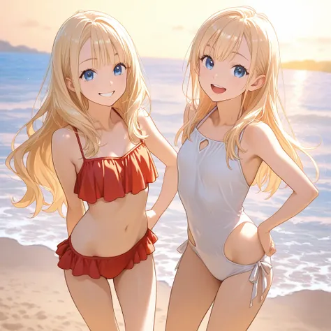 2 people, smiling cheerful mother with very long down loose blonde hair down to her hips and blue eyes, and her young adult daughter, on the beach on a hot sunny summer day