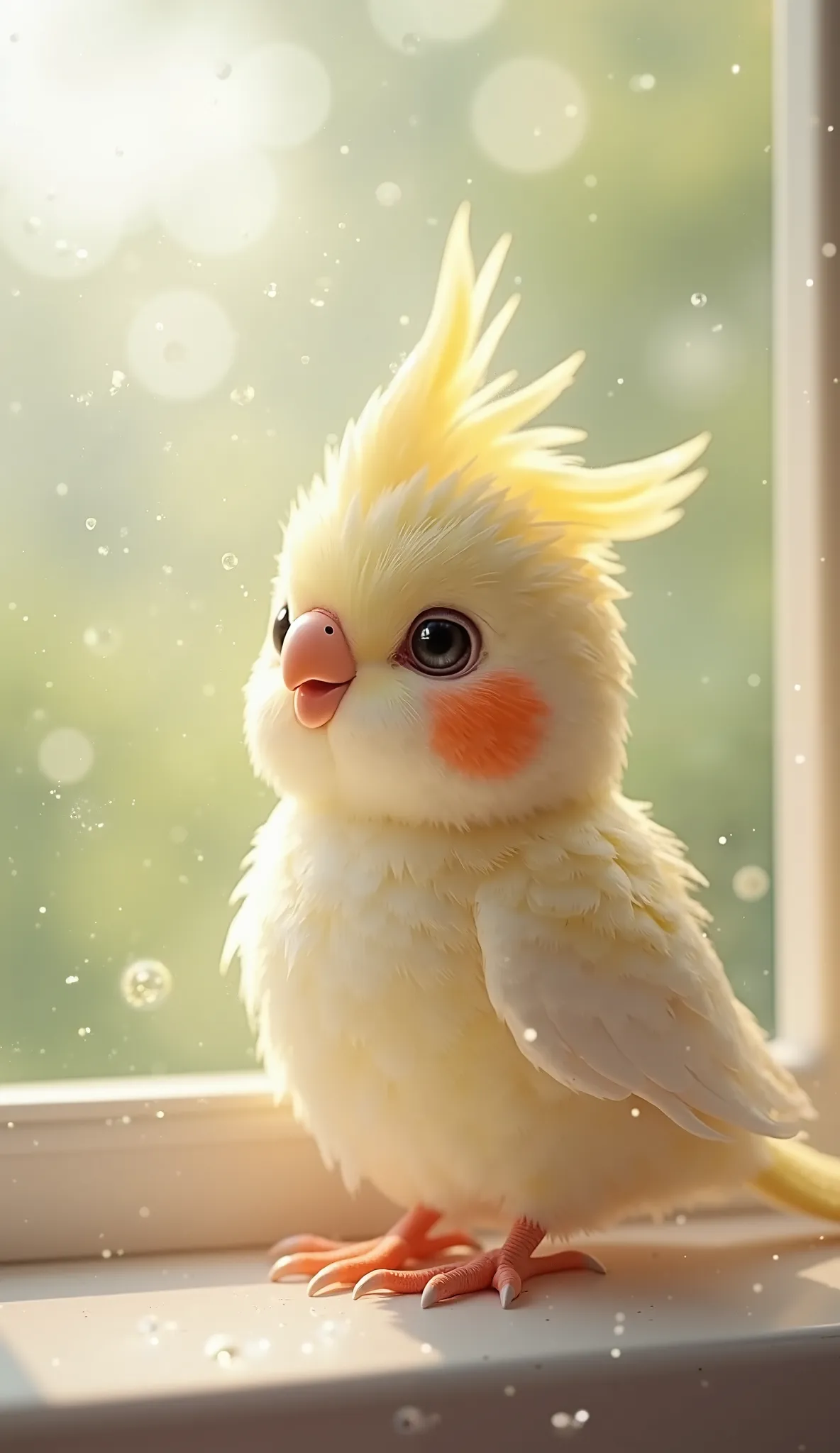 absurdres, highres, ultra detailed, HDR, master 
, best quality, cute, kawaii style, pastel color, 3d style,baby cockatiel , smiling, soft, window background 