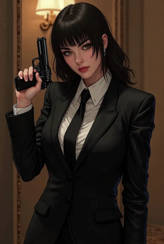 Sonata Twilight as Michael Corleone with dark hair,  female , wearing a black suit and black tie, holding a revolver pistol