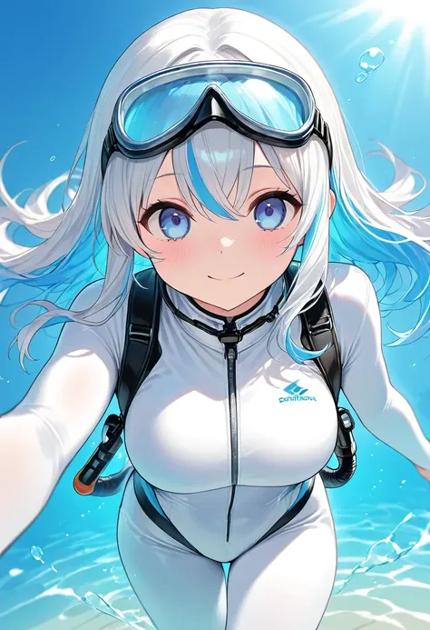 Scuba Diving In The Blue Ocean Plenty Of Bubbles A Charming Beautiful Silver White Long Hair Two-Tone Hair Girl Wearing Goggles White Diving Suit Snorkeling In The Blue Ocean（Perfectly Correct Anatomy）「masterpiece、 Best Quality、 Amazing Quality 」一位迷人美麗銀白長髮...