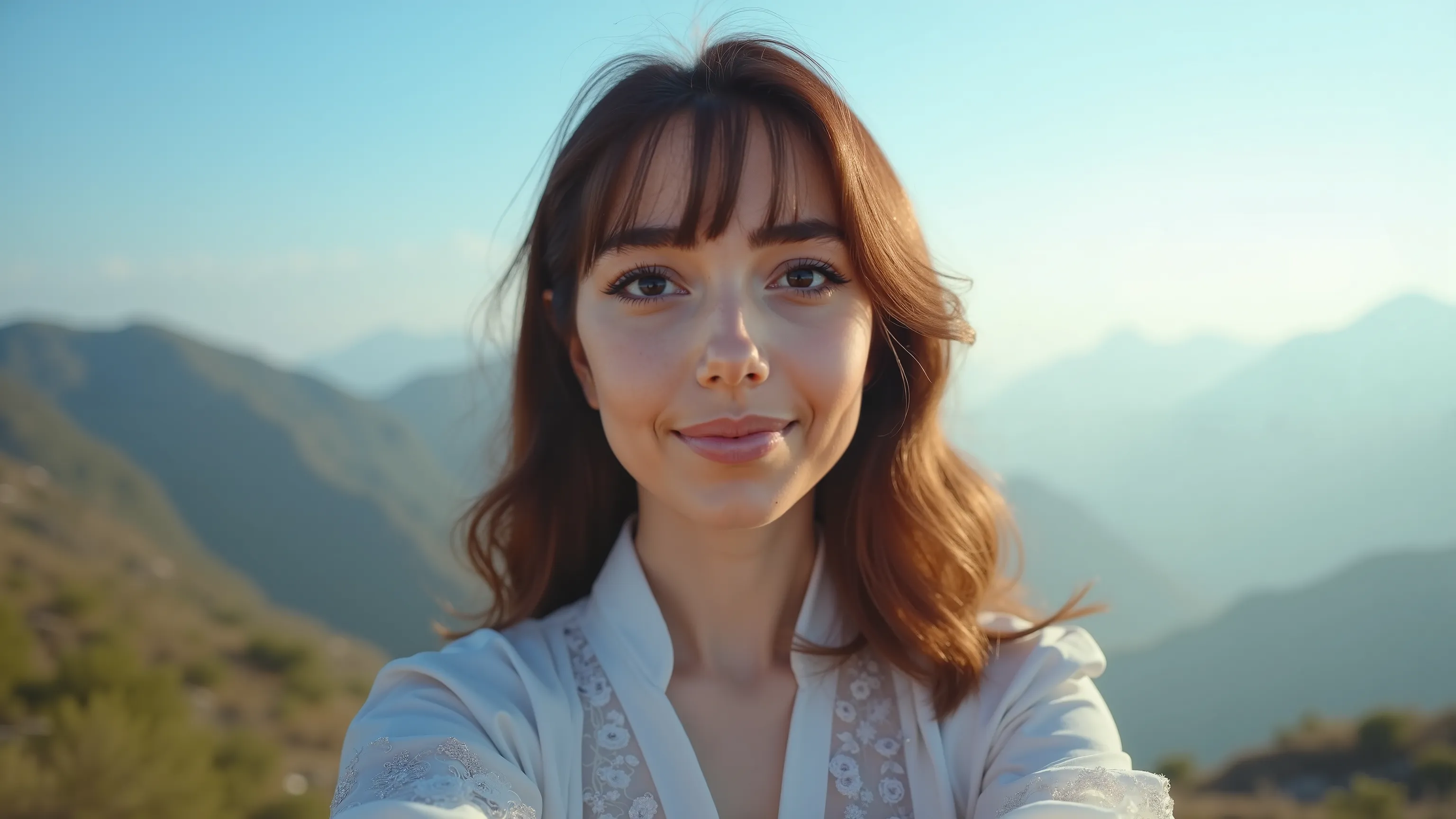 Shot with a DSLR and a telephoto lens camera. A beautiful woman in her twenties with a slender and beautiful nose. She is on top of a famous mountain in China, and she looks very satisfied. Her makeup and sparkly eyeshadow are beautiful. Camera angle: Fron...