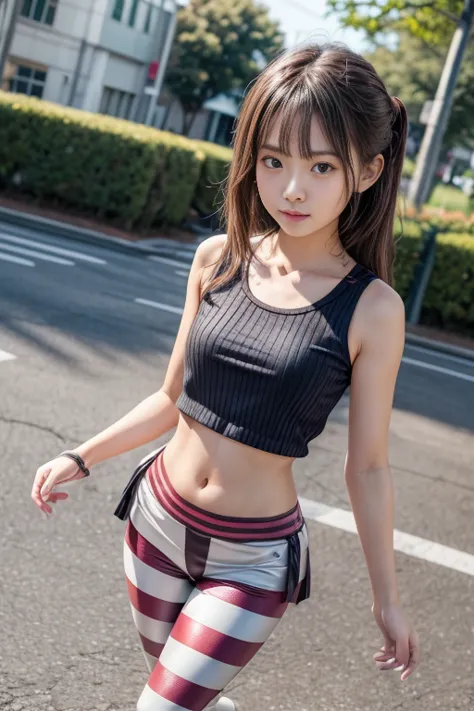 2 girls at school, Walking through school,  (white blouse)、(pleated micro miniskirt uniform ),bangs,smile, ( thighs) , video viewer, ( low angle:1.2),( Colored Leggings with Horizontal Stripes Under the Skirt :1.3), ((horizontal striped rubber leggings)),(...