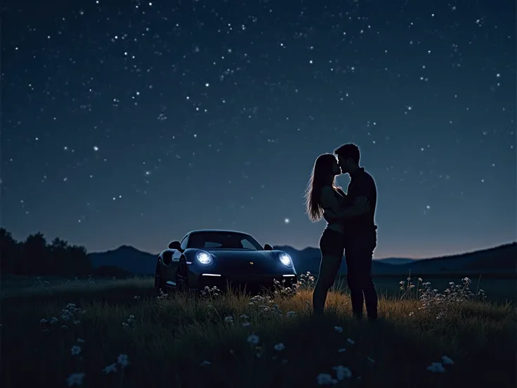 911 black Porsche in a field under the stars in which a girl and a guy are kissing