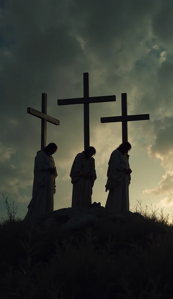 A solemn and dramatic scene of Jesus Christ and the two criminals crucified beside Him. Their figures stand tall against a darkened sky, silhouetted by the fading light. Their faces are shadowed, obscuring their expressions, yet their presence conveys deep...