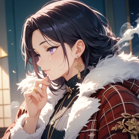  black hair straight 、Center parted bangs、 purple eyes、Engagement Rings、profile、Downcast、 provocative、fur coat、crocodile、 right ear piercing、Being shrouded in smoke、crocodileを見つめる