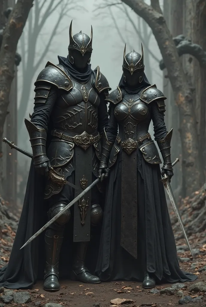 Male and female standing together in medieval armor with helmet in dark fantasy background, the armor color is black, male holding halberd and female holding long sword