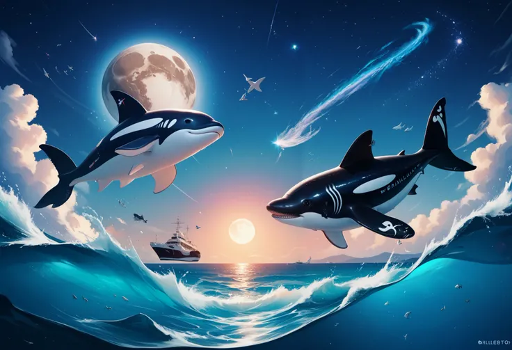 araffe jumping out of the water in front of a full moon, space magical whale, killer whale, space whale, flying whales, galaxy whale, flying whale, glimmering whale, whale, subreddit / r / whale, sky whales, whales, inspired by Tim White, floating across t...