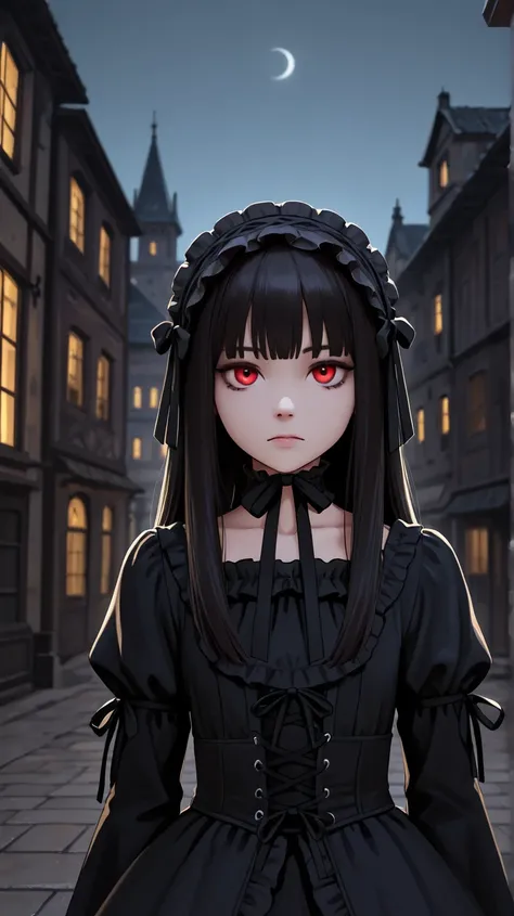  gothic　 Gothic Lolita　female　Western-style building　indoor　night　moon　 expressionless　 ruthless eyes　 red eyes　long black hair