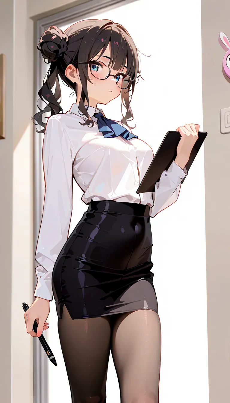 (masterpiece, top quality, best quality, beautiful and aesthetic:1.2),(8k, best quality, masterpiece:1.2),erotic picture,anime,cute,1girl,slut,bimbo,single bun hair, G-cup tits,long sleeves, ascot,  black tight skirt,  black pantyhose, holding clipboard pe...