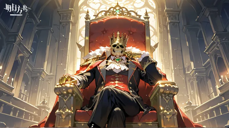   in the castle hall that creates this eerie atmosphere, Rich King seated on a throne made of bones  