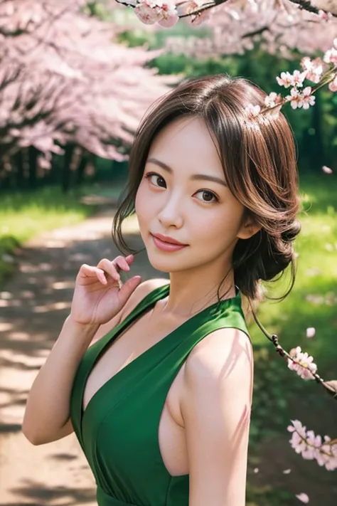 (8k, RAW photo, photorealistic, HQ, masterpiece, Brightly exposed photo), a cute Japanese woman, (glowing eyes), 
(light smile:0.8), dark brown hair, single braid, (lime green dress:1.2, halter neck long skirt dress:1.4, elegant simply dress:1.2), (in A va...