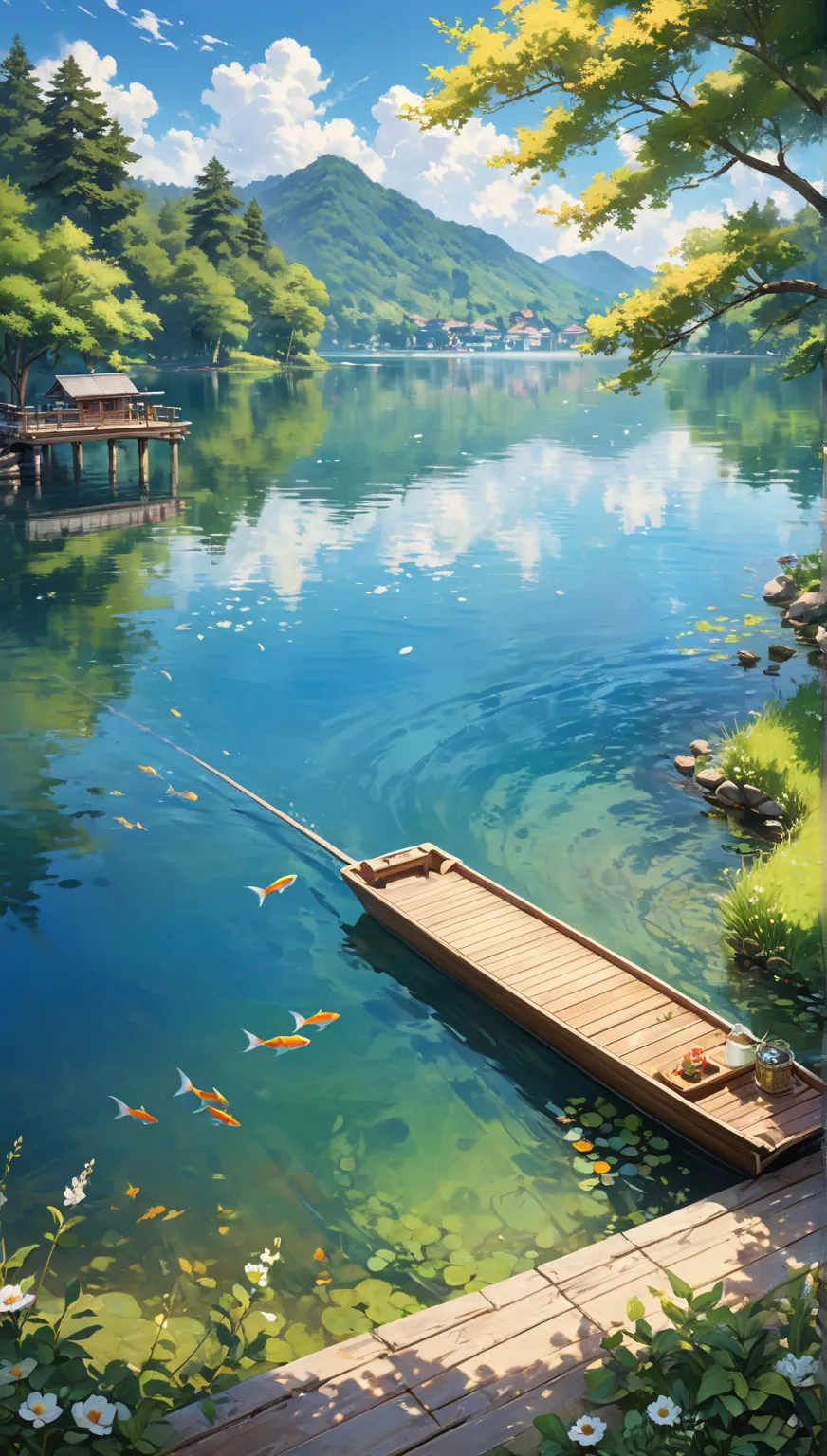 Sunny summer day,The wooden path on the pier radiates a warm aroma in the sun。  Small wooden boat resting on the pier  ,gently swaying as the sparkling lake。。 water with a hint of gold , Sometimes there will be fish roaming through it , stirring layered ri...