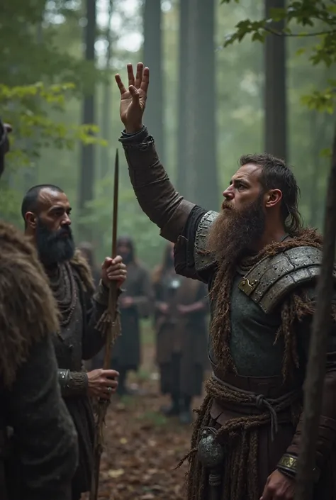 First person perspective of a Viking slowly raising his hands to show peace, while in the background, fellow warriors grip their weapons. The Native American warrior remains still, studying the Viking with an unreadable expression. The forest is quiet exce...