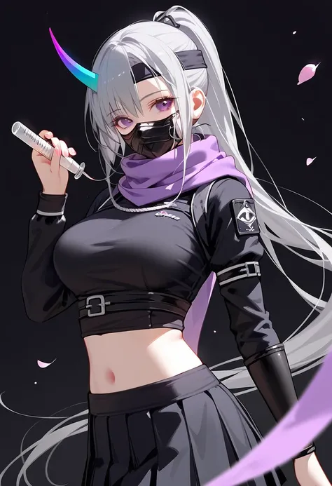 ( lost :0.6), ( drug carasua :1.2), Higuchi Kaede, 1 girl,  Gray hair,  long hair, , a ponytail hairstyle ,  purple eyes, Big Breasts,smile ,  black skirt, holding ,  Long Sleeve, scarf, navel, Pleated skirt, Assassin shirt, Seraph, simple background,  alo...