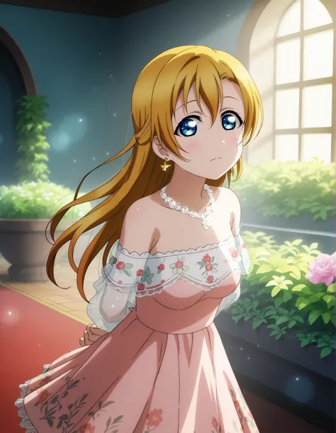 (Masterpiece, Best Quality, High Quality), upper body only,anime style, love live,kousaka honoka , kousaka honoka,id_honoka_kosaka,love live, blue eyes, brown hair, 8k wallpaper, looking at viewer, earrings , (Elegant, off-shoulder evening dress), deep blu...