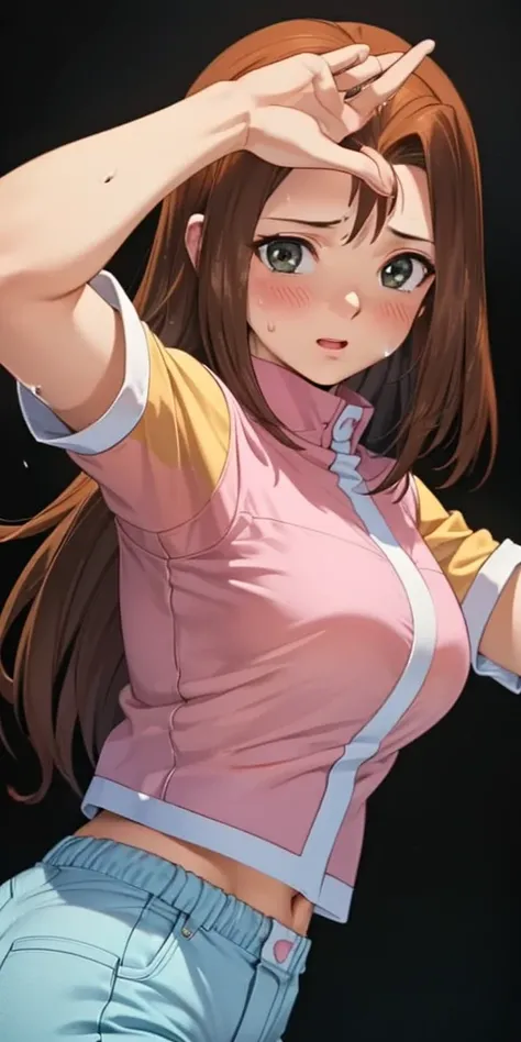    1 female, high definition, dementia,      ultra-realistic      ,8K,serenidaddm   ,    gray eyes,   long hair,  Brown hair,       pink shirt   ,  blue shorts,European,sexy, Close-up of the upper body,      photographed from the front   ,   Dynamic Angles...