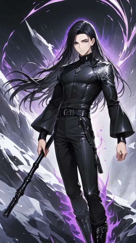 1boy, lean body with long black hair (flowing), hair with silver streak, wearing long sleeves and trousers: (color, all black), leather boots, blue-grey eyes, best eyes detail, standing, whole body, holding one long black stick, dynamic background, ultrade...