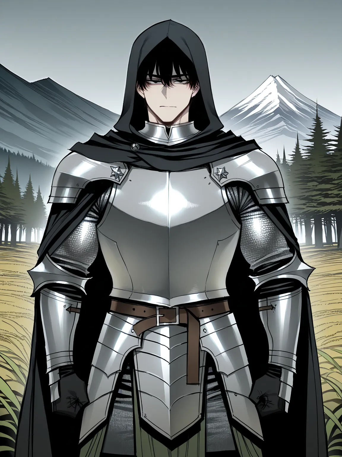 ((ratatatat74)), ((male)), ((solo)), medieval knight, fair skin, athletic and muscular build, short disheveled black hair, black eyes, half-closed tareme eyes, wearing detailed plate armor, black hooded cloak, anime style, sharp and defined features, focus...