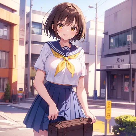  score_9,  score_8_up,  score_7_up, Interrupt Source_anime,  masterpiece, anime screencap,  shiny skin that is creating,
1 girl, chouhi ekitoku,  short hair, brown hair, brown eyes,  big breasts,   serafuku, white shirt,  yellow neckerchief, pleated skirts...