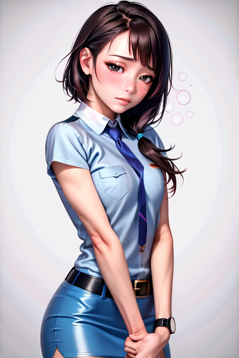  Beautiful Japanese High School Girls,( 1girl ),( slender body:1.0),( small tits:1.0),(short sleeve police shirt with white collar:1.2),(black super mini police skirt:1.2),(black leather equipped police belt:1.5),real skin ,small breasts, black hair, Super...