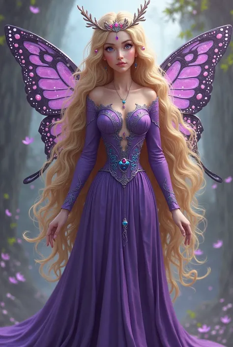 I am a mythological goddess I have very long blond hair 1.1 . I have small purple eyes 0.9 a small nose 0.7 As well as a small mouth 0.9 . I am wearing a long purple long sleeve dress decorated with blue I am wearing a tiara on the forehead with a pink pea...