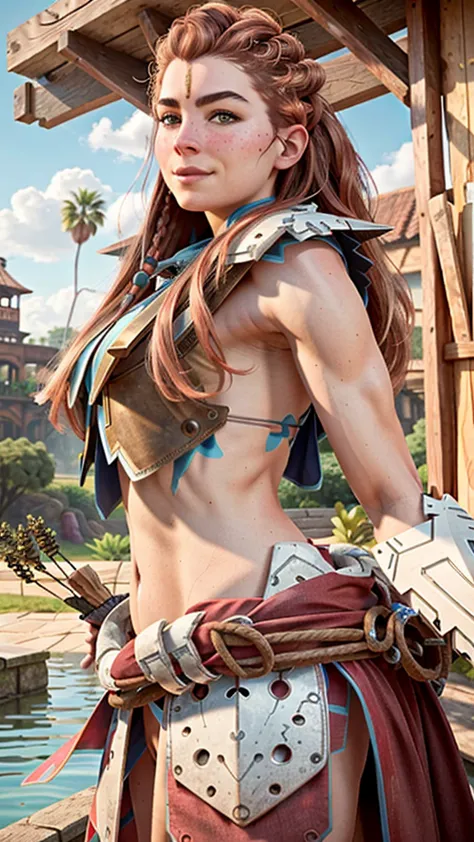 AloyHorizon, Alone, long hair, smiling, brown hair, hair ornament, navel, brown eyes, weapon, braid, outdoors, parted lips, sky, daytime, belly, red hair, from behind, armor, blue sky, lips, looking to the side, thick eyebrows, shoulder armor, freckles, sh...