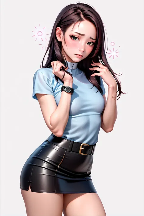  Beautiful Japanese Women,( 1girl ),( slender body:1.0),( small tits:1.0),(short sleeve police shirt with white collar:1.2),(black super mini police skirt:1.2),(black leather equipped police belt:1.5),real skin ,small breasts, black hair, Super Detailed Bl...